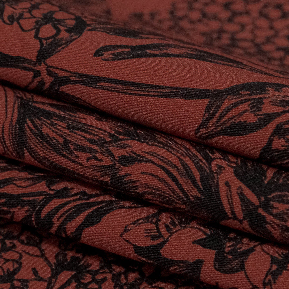 Satén de algodón elástico - Estampado floral marrón y negro - Estampado floral efímero - Colección exclusiva Serengeti de Mood