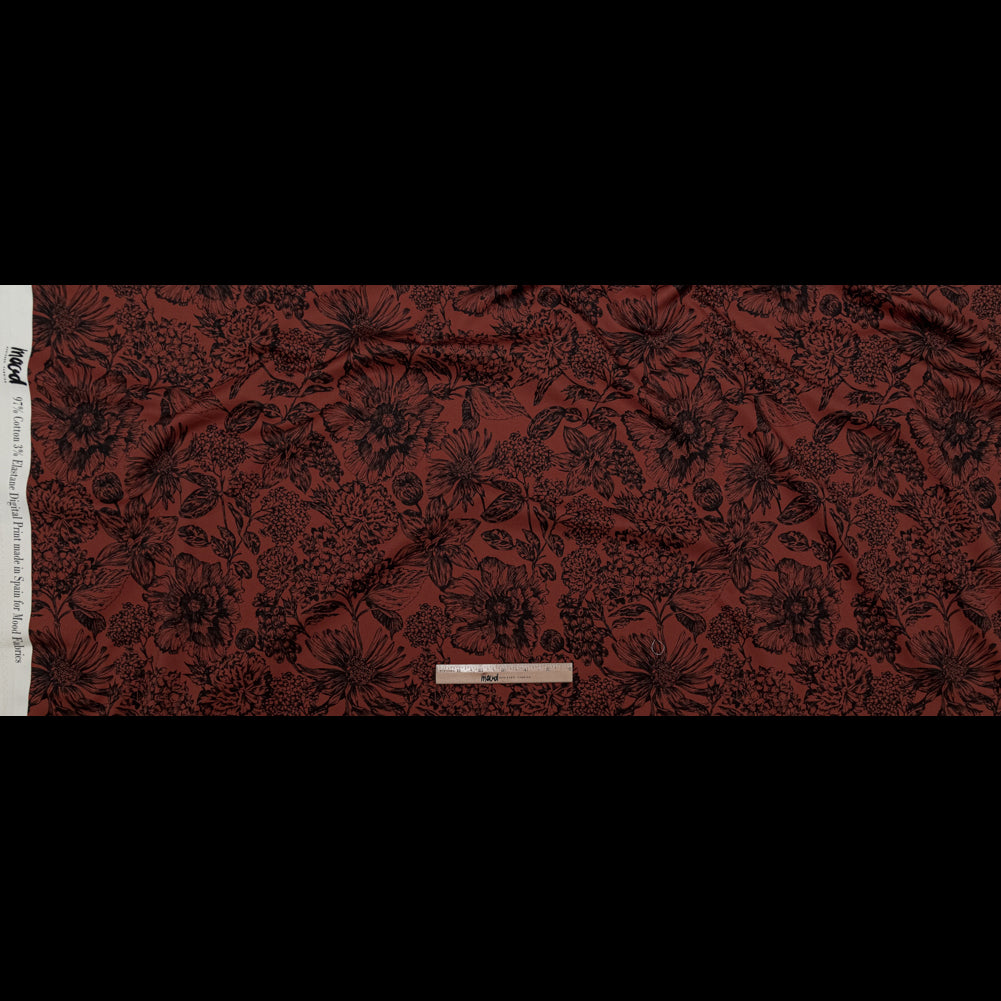 Satén de algodón elástico - Estampado floral marrón y negro - Estampado floral efímero - Colección exclusiva Serengeti de Mood