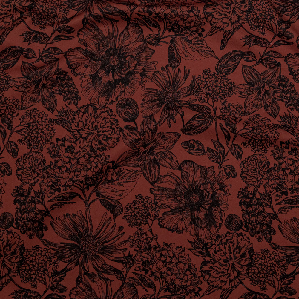 Stretch Cotton Sateen - Brown and Black Floral - Ephemeral Flora Print - Mood Exclusive Serengeti Collection