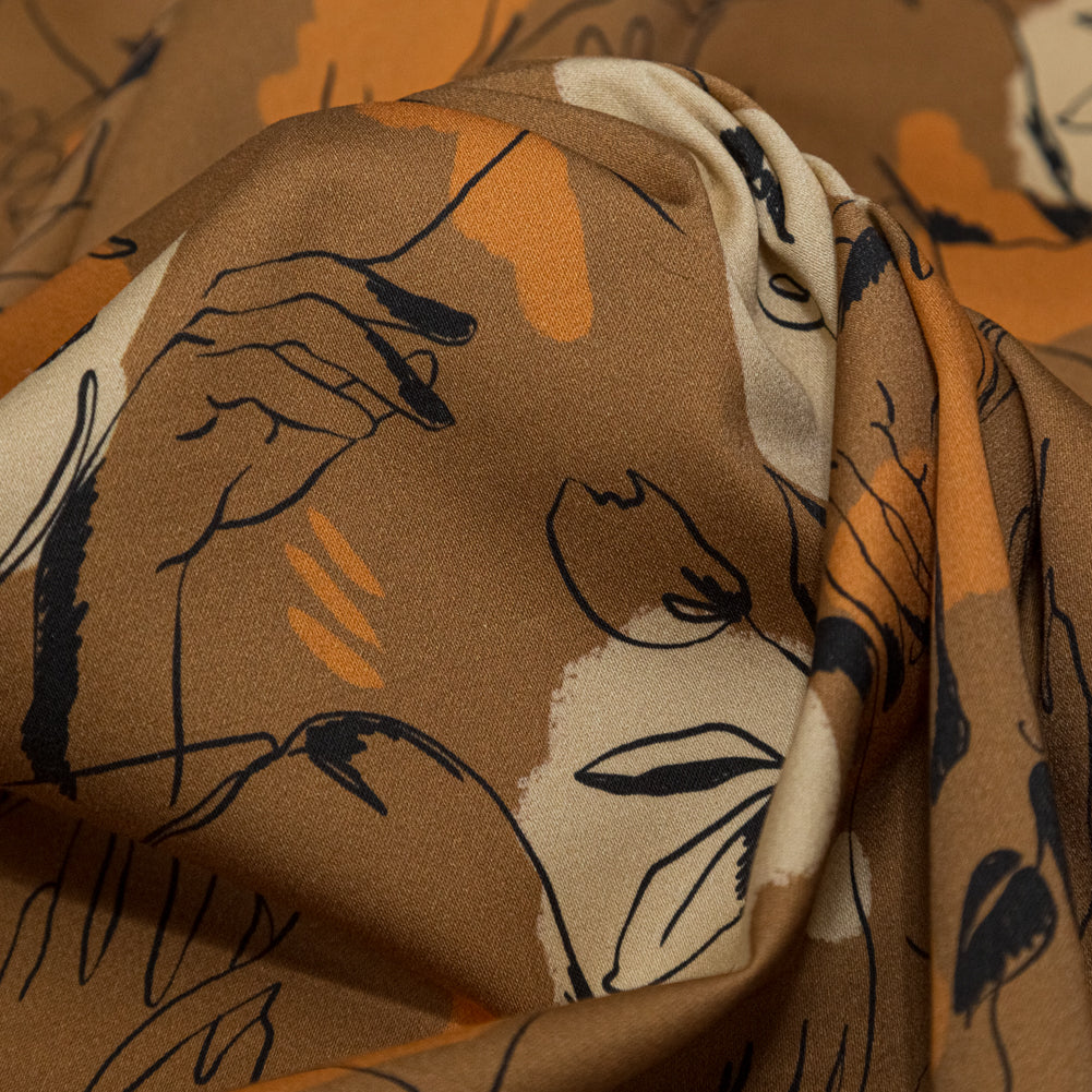 Stretch Cotton Sateen - Brown Figure Lines - Contoured Personage Print - Mood Exclusive Serengeti Collection