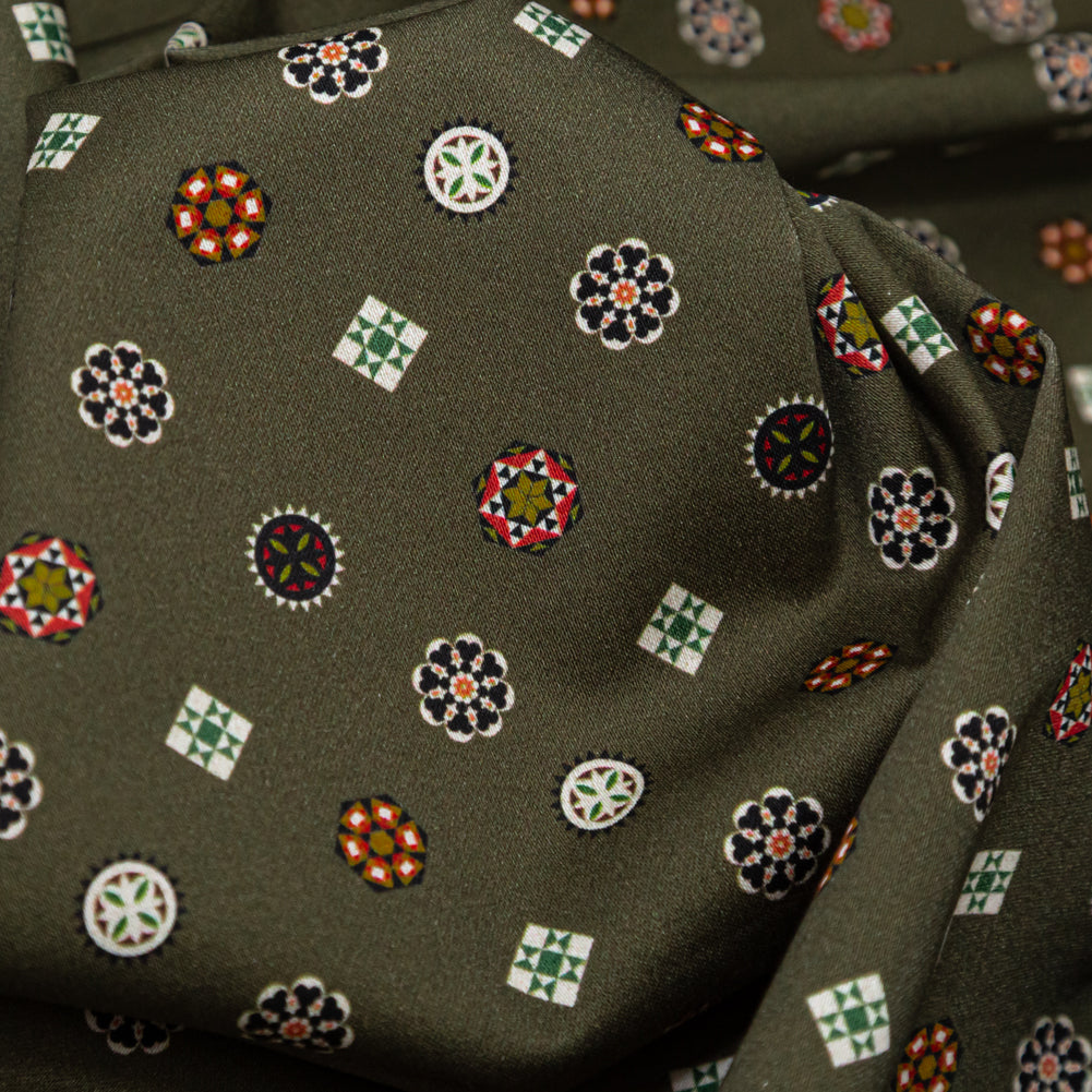 Stretch Cotton Sateen - Olive Green LIttle Medallions - Emblematic Medallions Print - Mood Exclusive Serengeti Collection