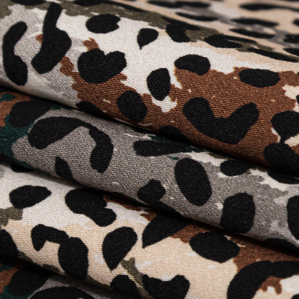 Stretch Cotton Sateen - Green and Brown Animal Spots - Guerrilla Safari Print - Mood Exclusive Serengeti Collection