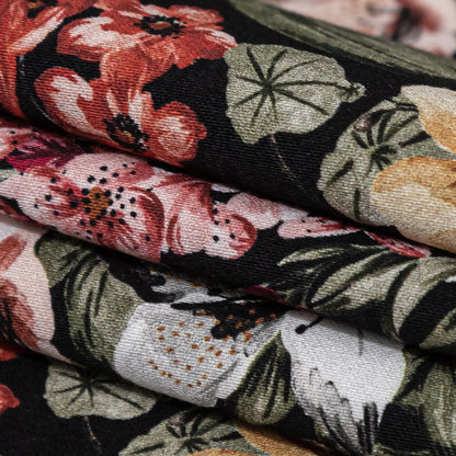 Stretch Cotton Sateen - Black Flowers - Floral Overflow Print - Mood Exclusive Serengeti Collection