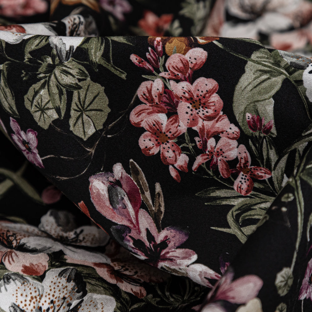 Stretch Cotton Sateen - Black Flowers - Floral Overflow Print - Mood Exclusive Serengeti Collection