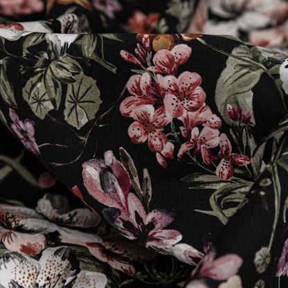 Stretch Cotton Sateen - Black Flowers - Floral Overflow Print - Mood Exclusive Serengeti Collection