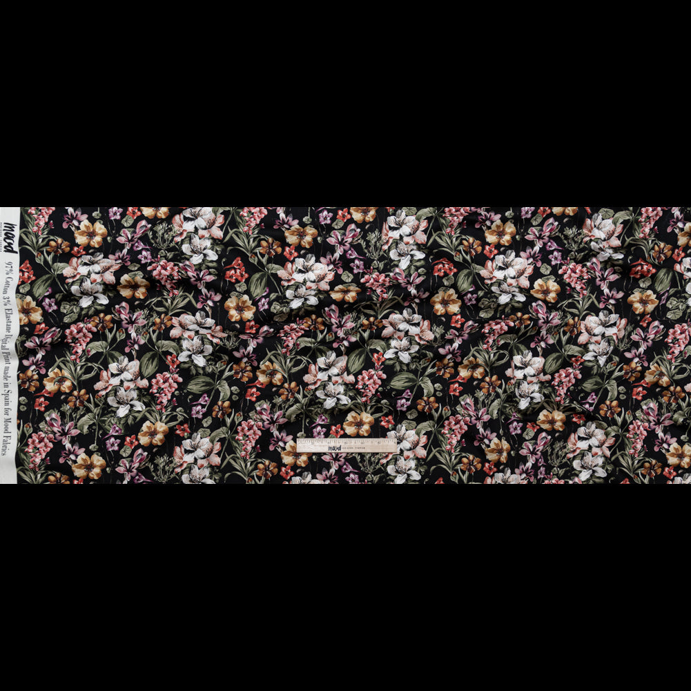 Stretch Cotton Sateen - Black Flowers - Floral Overflow Print - Mood Exclusive Serengeti Collection