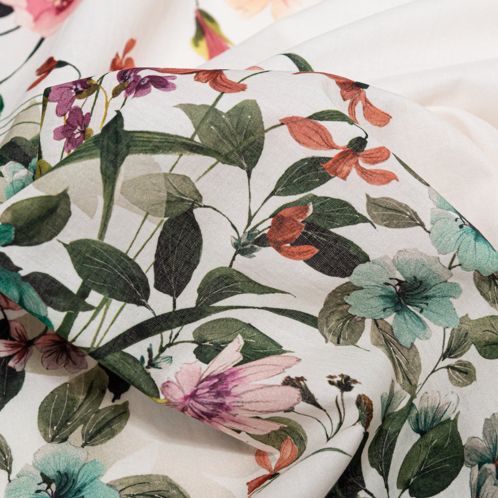 Cotton Voile - White and Green Floral Border - Frolicking Florescence Print - Mood Exclusive Serengeti Collection