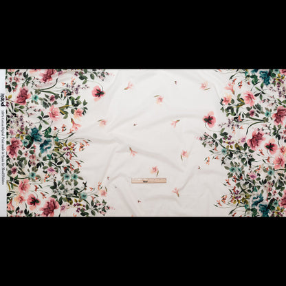 Cotton Voile - White and Green Floral Border - Frolicking Florescence Print - Mood Exclusive Serengeti Collection