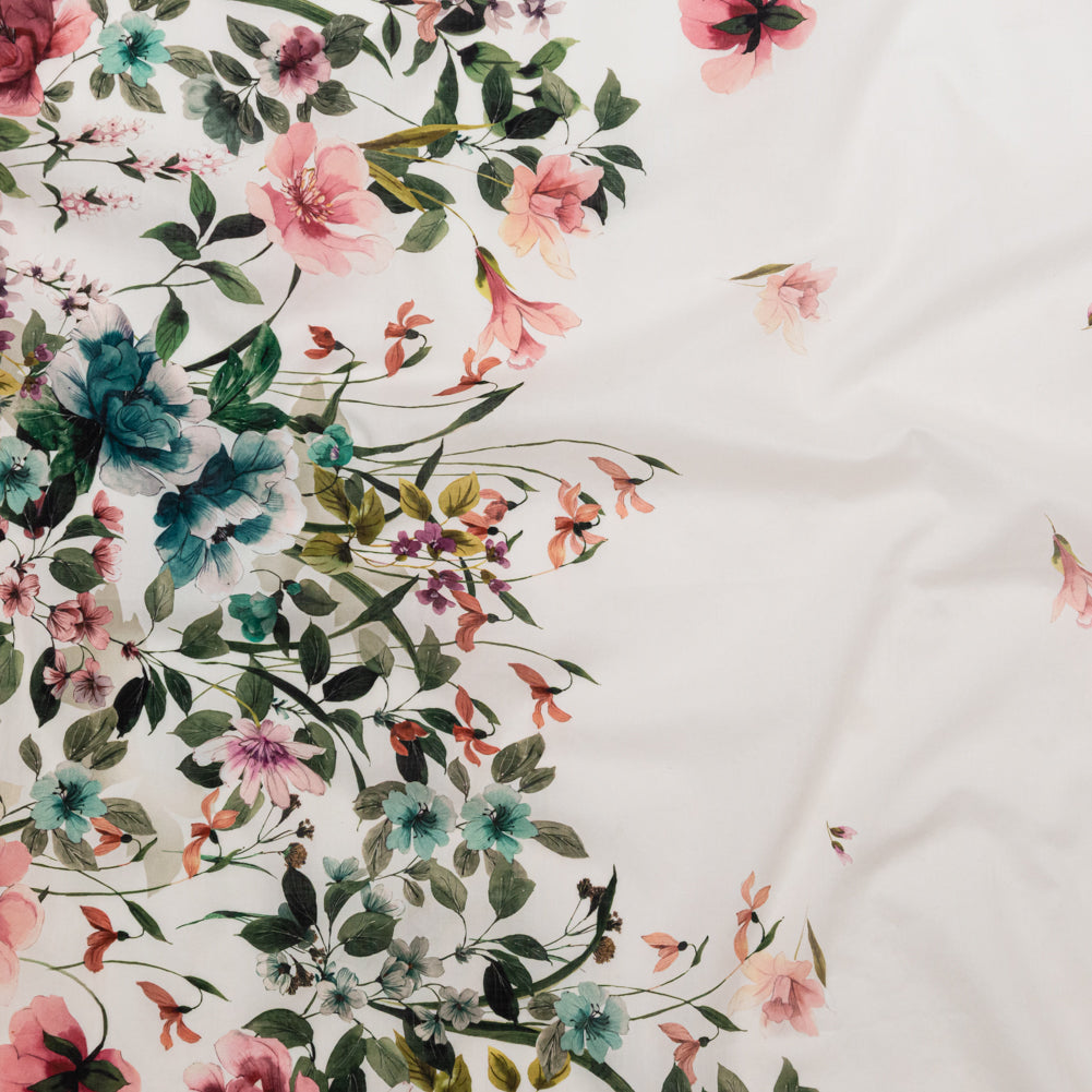 Cotton Voile - White and Green Floral Border - Frolicking Florescence Print - Mood Exclusive Serengeti Collection