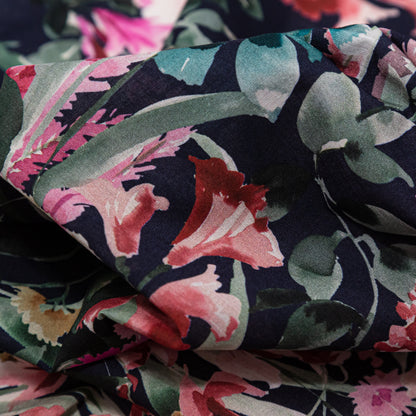 Cotton Voile - Navy Floral Border - Blooming Upwards Print - Mood Exclusive Serengeti Collection