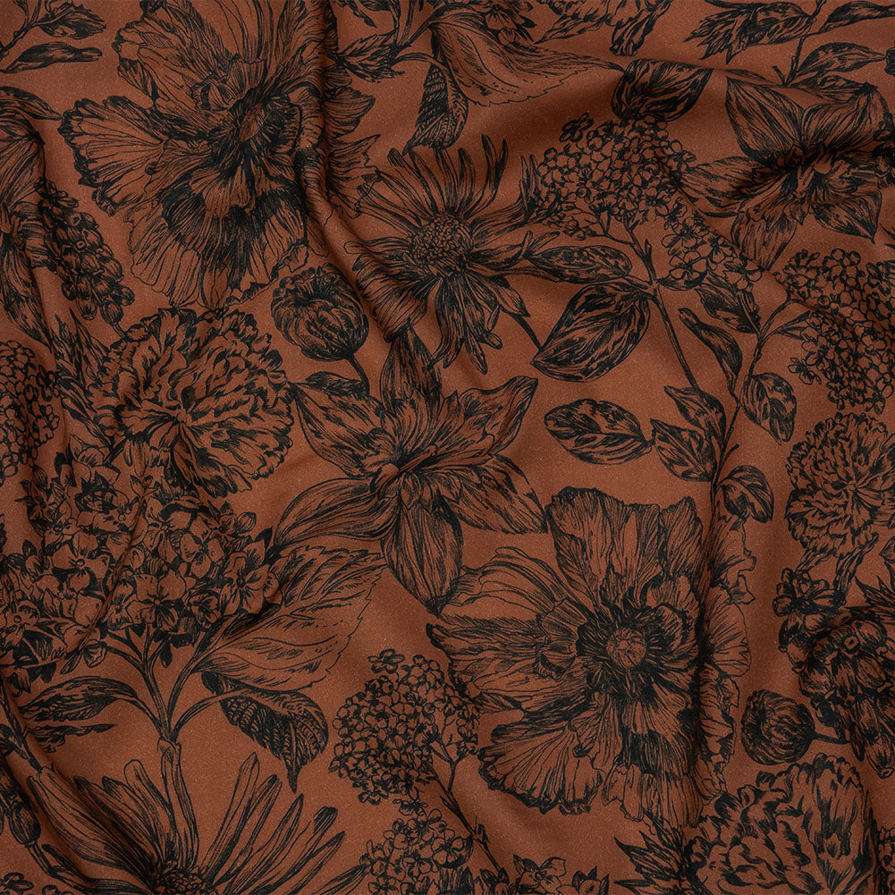 Flora Textiles Cotton Voile - Brown and Black Floral - Ephemeral Flora Print - Mood E