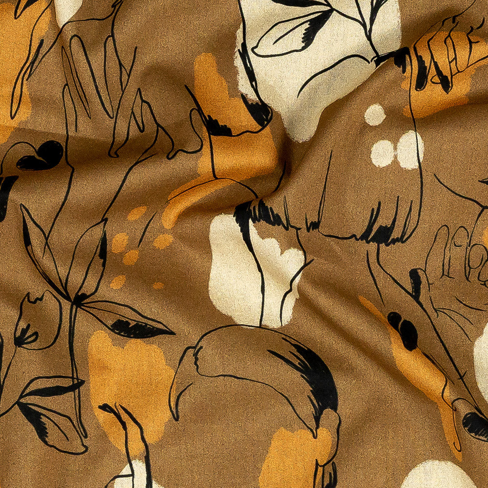 Cotton Voile - Brown Figure Lines - Contoured Personage Print - Mood Exclusive Serengeti Collection