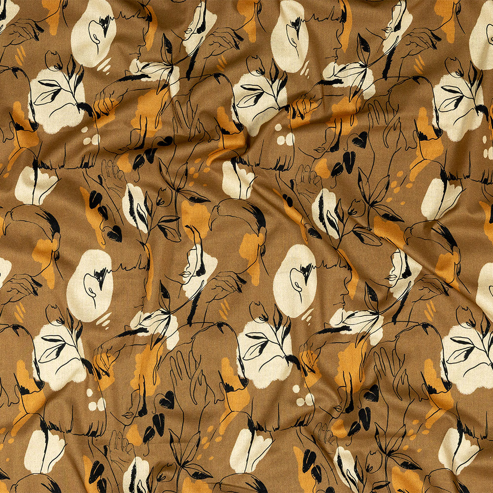 Cotton Voile - Brown Figure Lines - Contoured Personage Print - Mood Exclusive Serengeti Collection