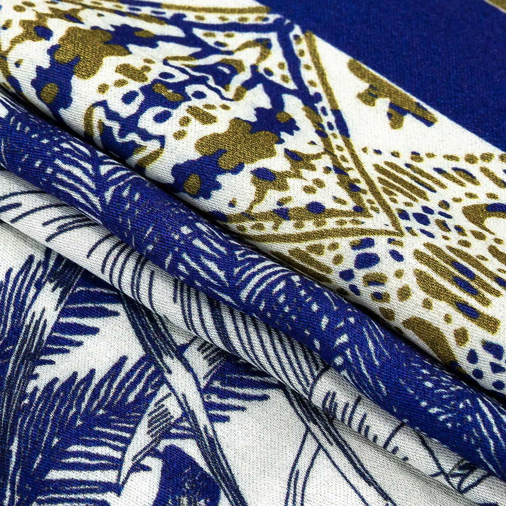 Rayon Challis Panel - Blue and White Big Cats and Leaves - Grimalkin Glare Print - Mood Exclusive Tumunyana Collection Folded