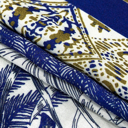 Rayon Challis Panel - Blue and White Big Cats and Leaves - Grimalkin Glare Print - Mood Exclusive Tumunyana Collection Folded