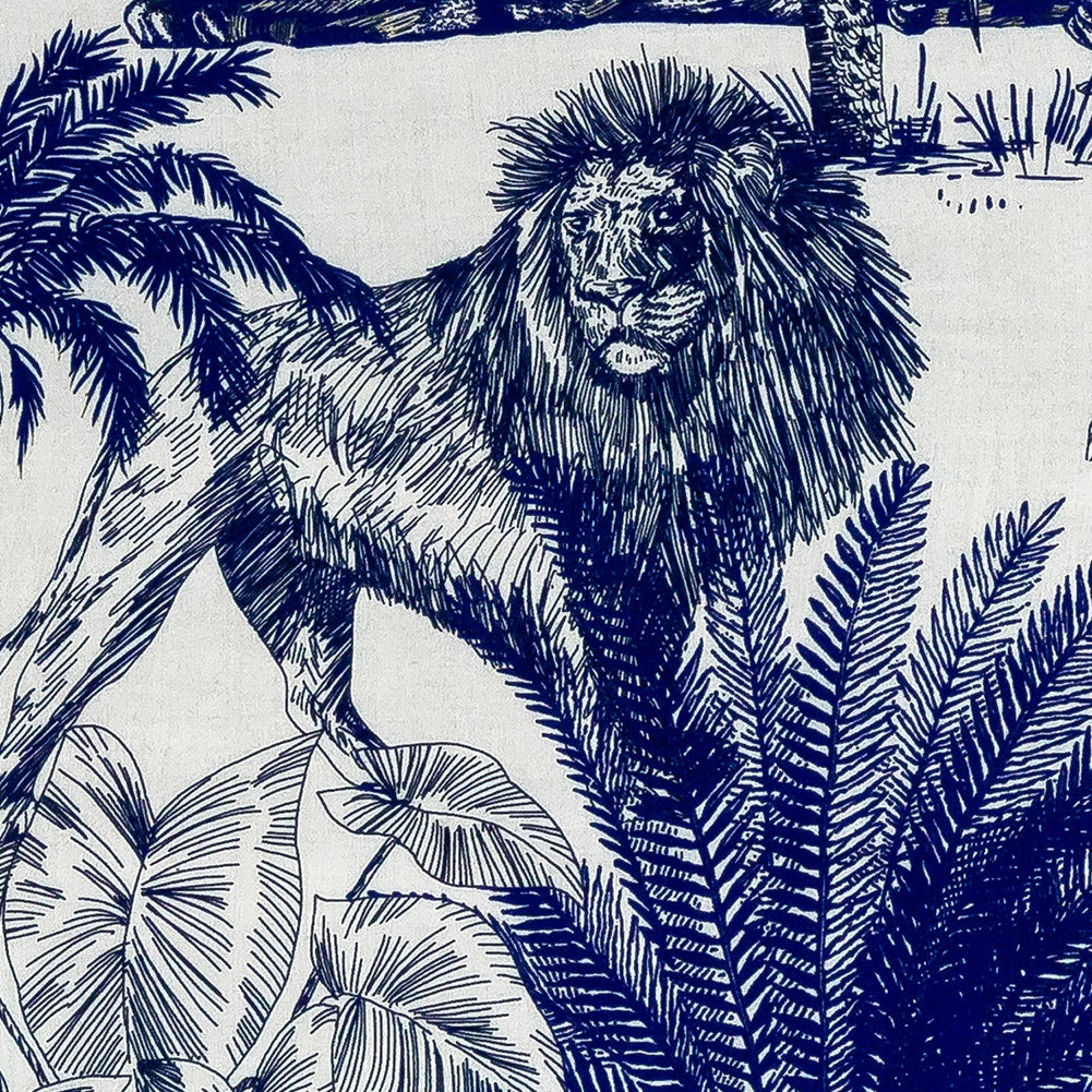Rayon Challis Panel - Blue and White Big Cats and Leaves - Grimalkin Glare Print - Mood Exclusive Tumunyana Collection Detail