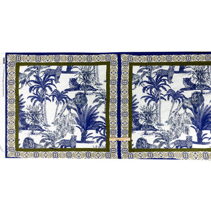 Rayon Challis Panel - Blue and White Big Cats and Leaves - Grimalkin Glare Print - Mood Exclusive Tumunyana Collection Full