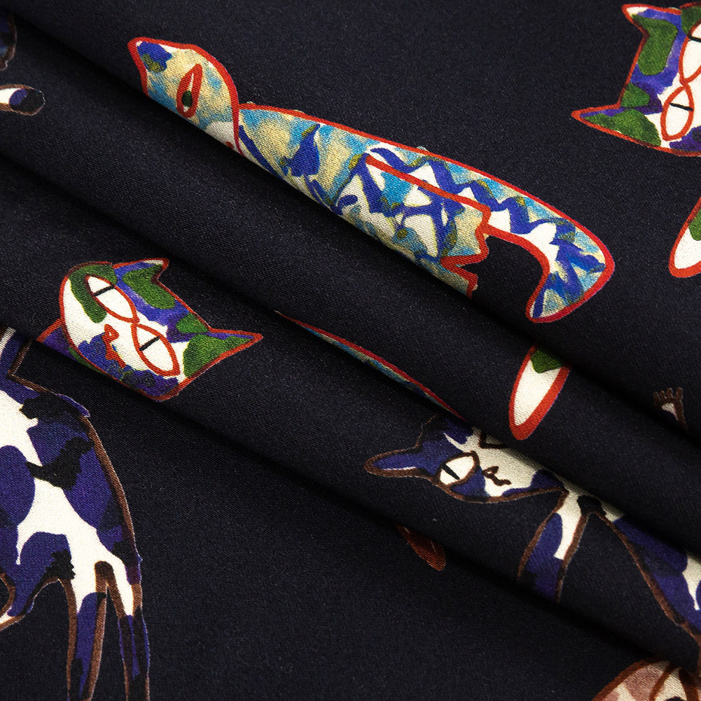 Stretch Cotton Sateen - Colorful Cats on Black - Fatuous Felines Print - Mood Exclusive Tumunyana Collection