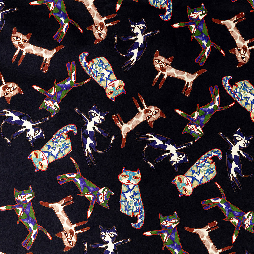 Stretch Cotton Sateen - Colorful Cats on Black - Fatuous Felines Print - Mood Exclusive Tumunyana Collection