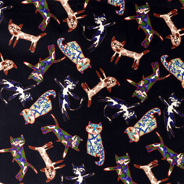 Stretch Cotton Sateen - Colorful Cats on Black - Fatuous Felines Print - Mood Exclusive Tumunyana Collection