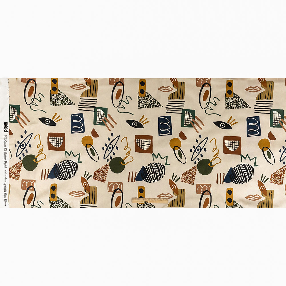 Stretch Cotton Sateen - Cream and Multicolored Doodles - Sundry Symbols Print - Mood Exclusive Tumunyana Collection Full