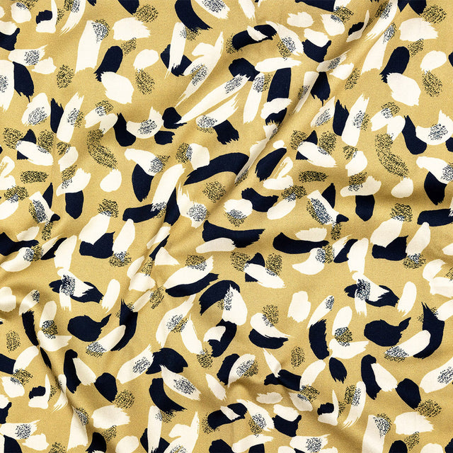 Stretch Cotton Sateen - Yellow, Navy and White Brushstrokes - Nebulous Amalgam Print - Mood Exclusive Tumunyana Collection