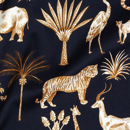 Stretch Cotton Sateen - Navy and Yellow Animals and Palms - Hegemonic Hierarchy Print - Mood Exclusive Tumunyana Collection