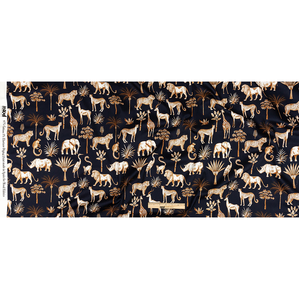 Stretch Cotton Sateen - Navy and Yellow Animals and Palms - Hegemonic Hierarchy Print - Mood Exclusive Tumunyana Collection