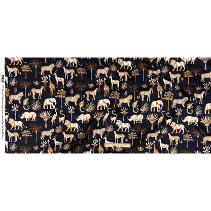 Stretch Cotton Sateen - Navy and Yellow Animals and Palms - Hegemonic Hierarchy Print - Mood Exclusive Tumunyana Collection