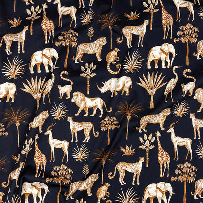 Stretch Cotton Sateen - Navy and Yellow Animals and Palms - Hegemonic Hierarchy Print - Mood Exclusive Tumunyana Collection