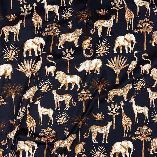 Stretch Cotton Sateen - Navy and Yellow Animals and Palms - Hegemonic Hierarchy Print - Mood Exclusive Tumunyana Collection