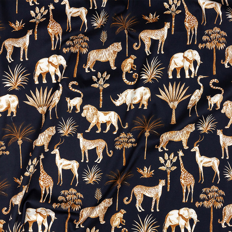 template--25130090922057__main-Stretch Cotton Sateen - Navy and Yellow Animals and Palms - Hegemonic Hierarchy Print - Mood Exclusive Tumunyana Collection