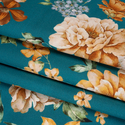 Stretch Cotton Sateen - Teal and Orange Floral - Peony Prowess Print - Mood Exclusive Tumunyana Collection