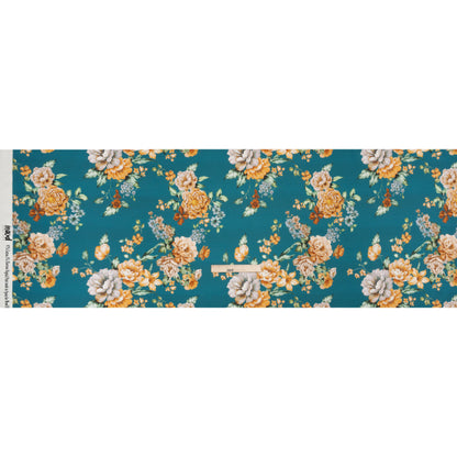 Stretch Cotton Sateen - Teal and Orange Floral - Peony Prowess Print - Mood Exclusive Tumunyana Collection