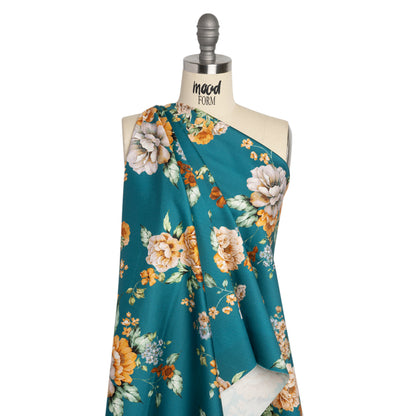Stretch Cotton Sateen - Teal and Orange Floral - Peony Prowess Print - Mood Exclusive Tumunyana Collection