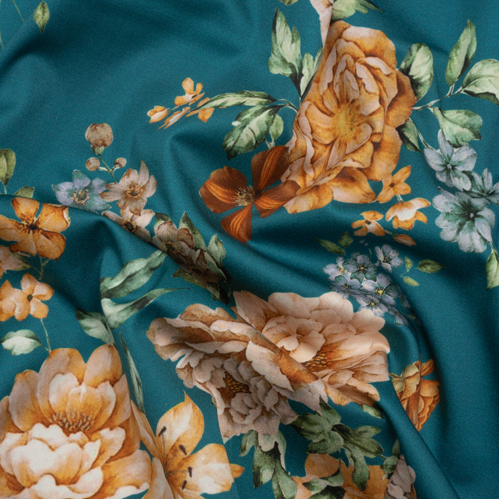 Stretch Cotton Sateen - Teal and Orange Floral - Peony Prowess Print - Mood Exclusive Tumunyana Collection