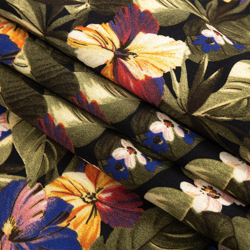 Stretch Cotton Sateen - Green and Blue Tropical Floral - Virescent Vignette Print - Mood Exclusive Tumunyana Collection Folded