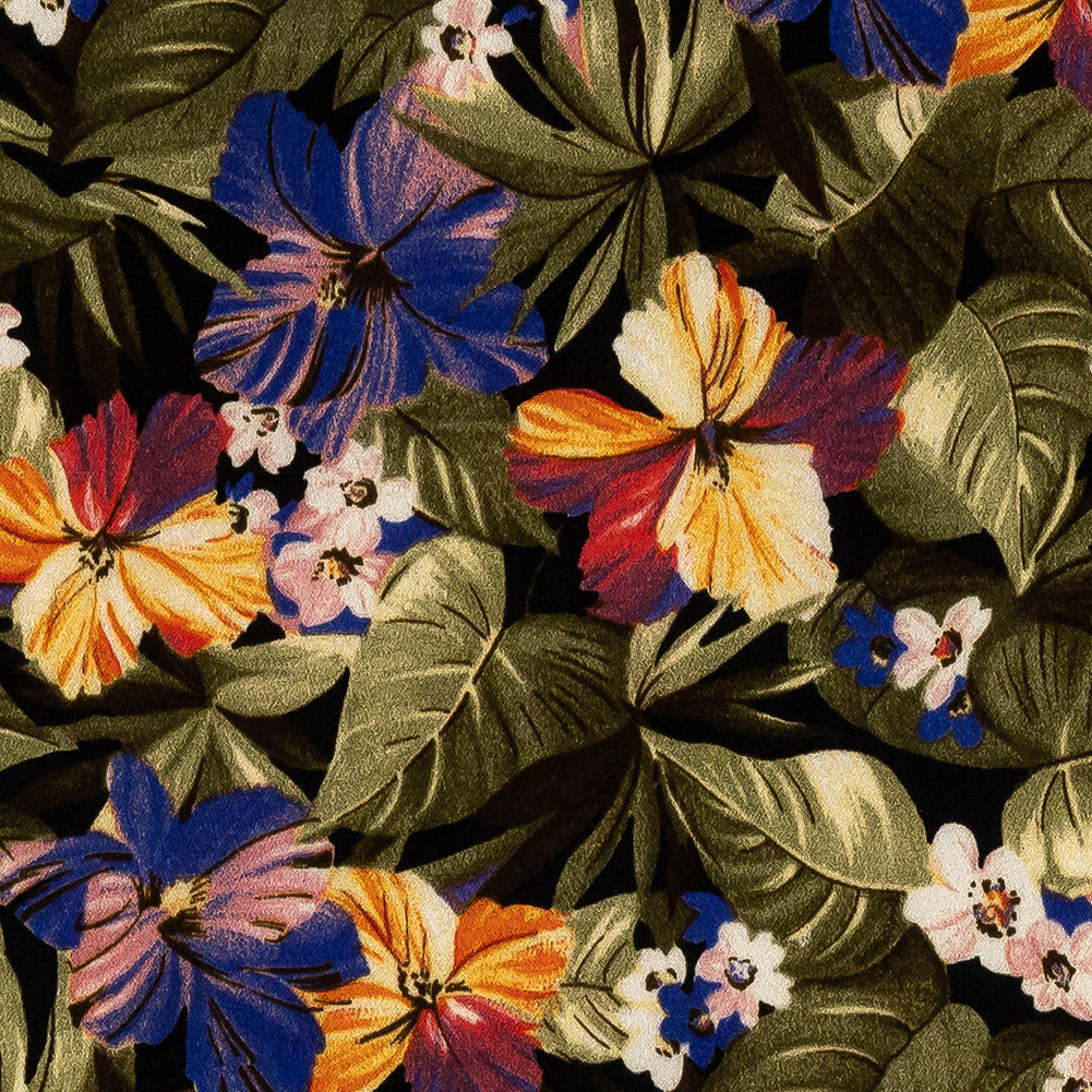 Stretch Cotton Sateen - Green and Blue Tropical Floral - Virescent Vignette Print - Mood Exclusive Tumunyana Collection Detail