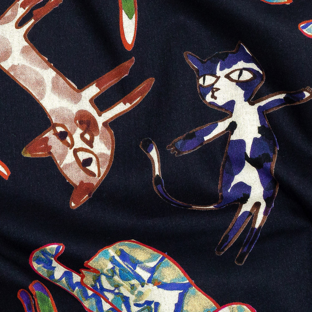 Cotton Voile - Colorful Cats on Black - Fatuous Felines Print - Mood Exclusive Tumunyana Collection Detail
