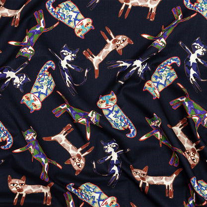 Cotton Voile - Colorful Cats on Black - Fatuous Felines Print - Mood Exclusive Tumunyana Collection