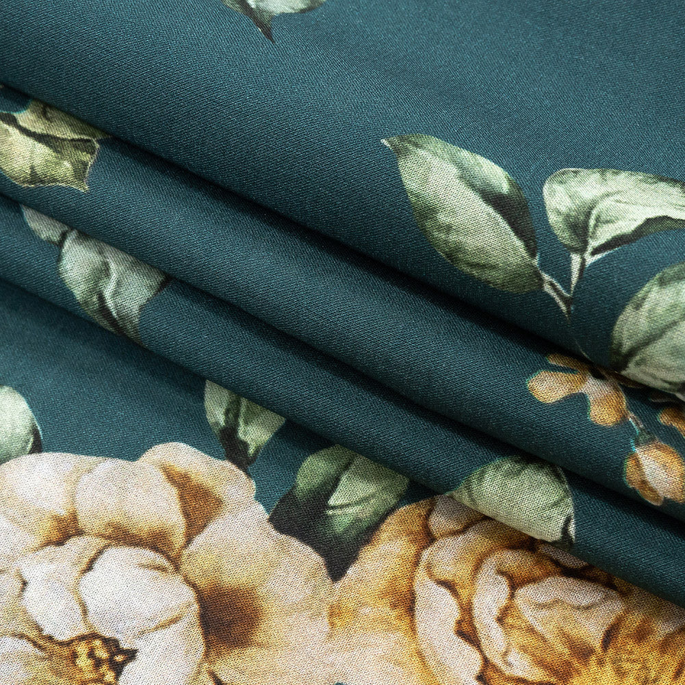 Cotton Voile - Teal and Orange Floral - Peony Prowess Print - Mood Exclusive Tumunyana Collection Folded