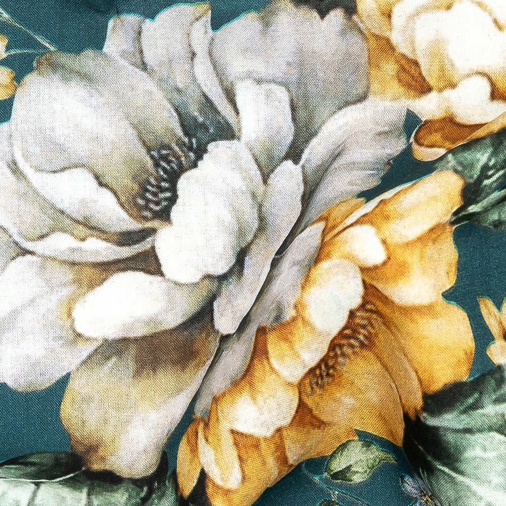 Cotton Voile - Teal and Orange Floral - Peony Prowess Print - Mood Exclusive Tumunyana Collection Detail