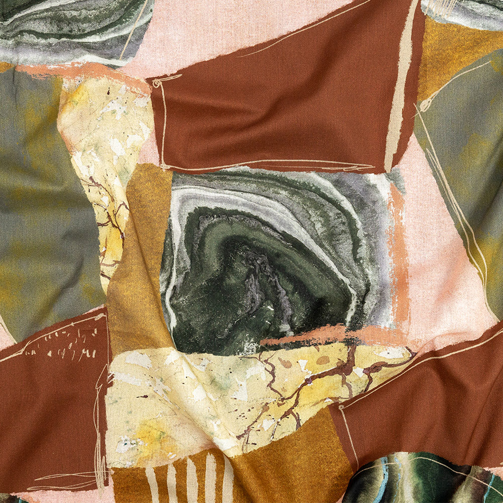 Cotton Voile - Rust, Olive and Ochre Geometric Abstract - Distorted Dimensions Print - Mood Exclusive Tumunyana Collection