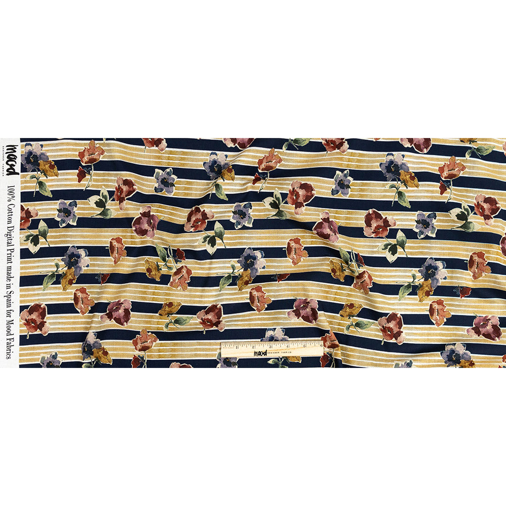 Cotton Voile - Yellow and Navy Floral over Stripes - Harmonious Hibiscus Print - Mood Exclusive Tumunyana Collection Full