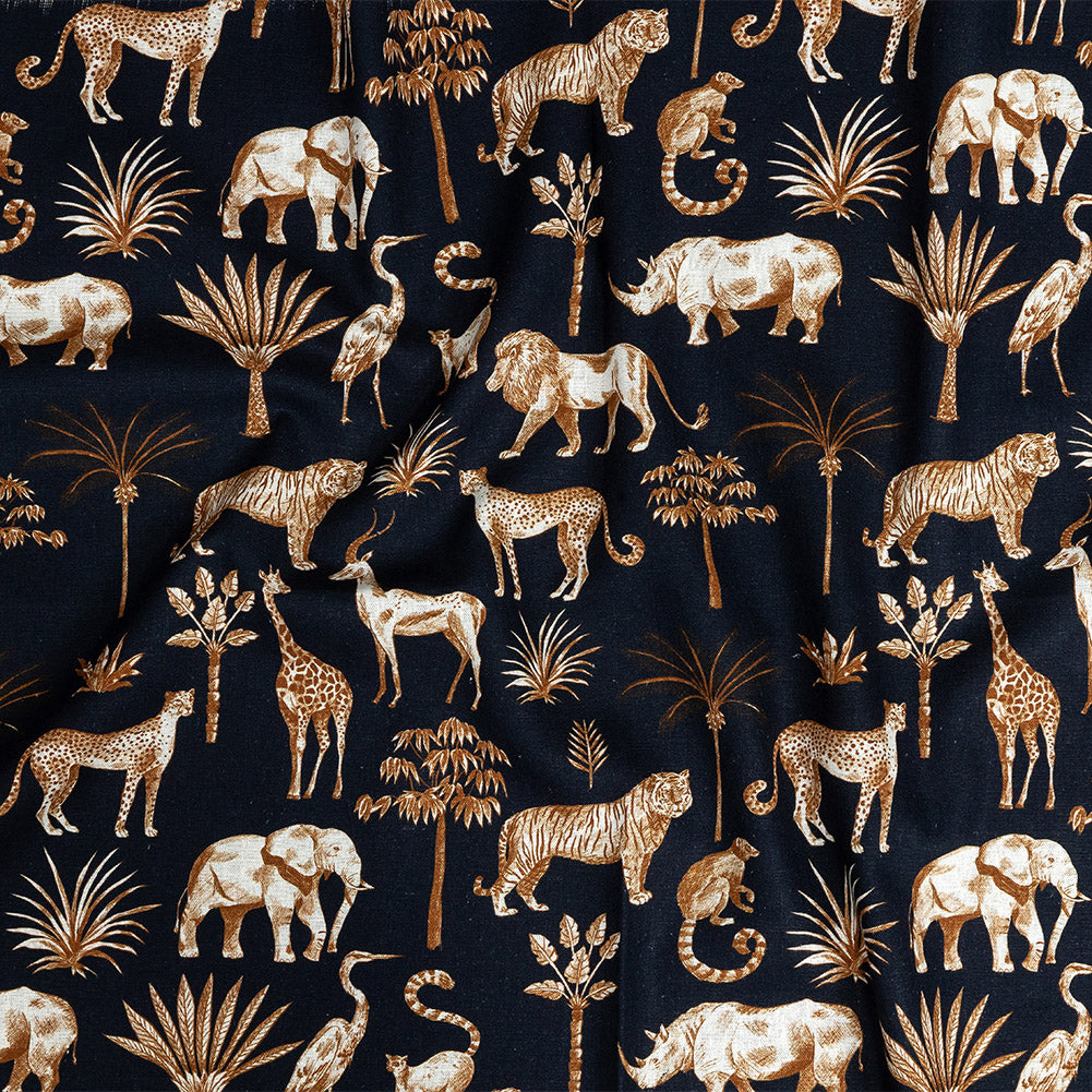 Linen and Rayon Woven - Navy and Yellow Animals and Palms - Hegemonic Hierarchy Print - Mood Exclusive Tumunyana Collection