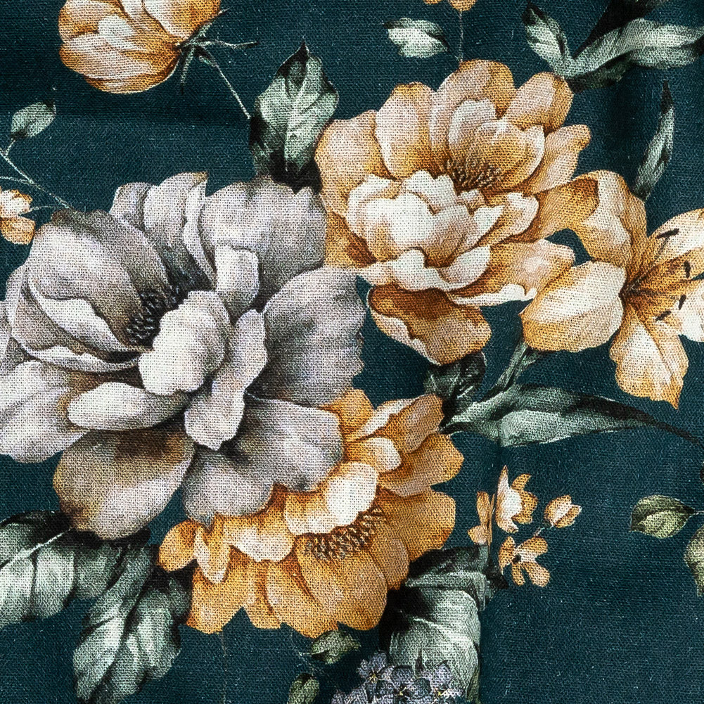 Linen and Rayon Woven - Teal and Orange Floral - Peony Prowess Print - Mood Exclusive Tumunyana Collection