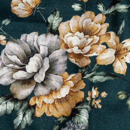 Linen and Rayon Woven - Teal and Orange Floral - Peony Prowess Print - Mood Exclusive Tumunyana Collection