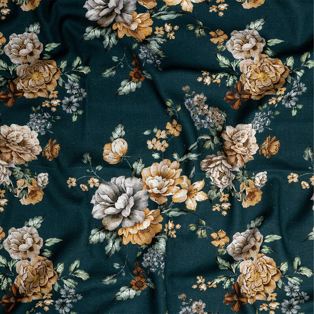 Linen and Rayon Woven - Teal and Orange Floral - Peony Prowess Print - Mood Exclusive Tumunyana Collection