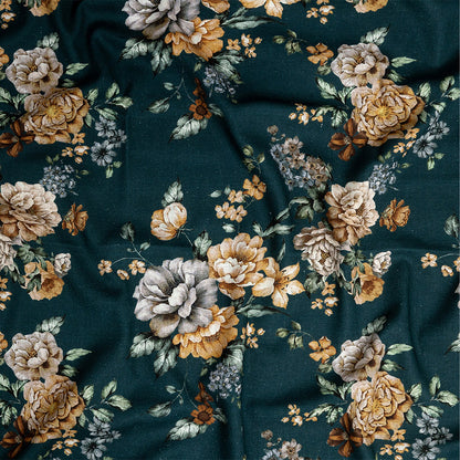 Linen and Rayon Woven - Teal and Orange Floral - Peony Prowess Print - Mood Exclusive Tumunyana Collection