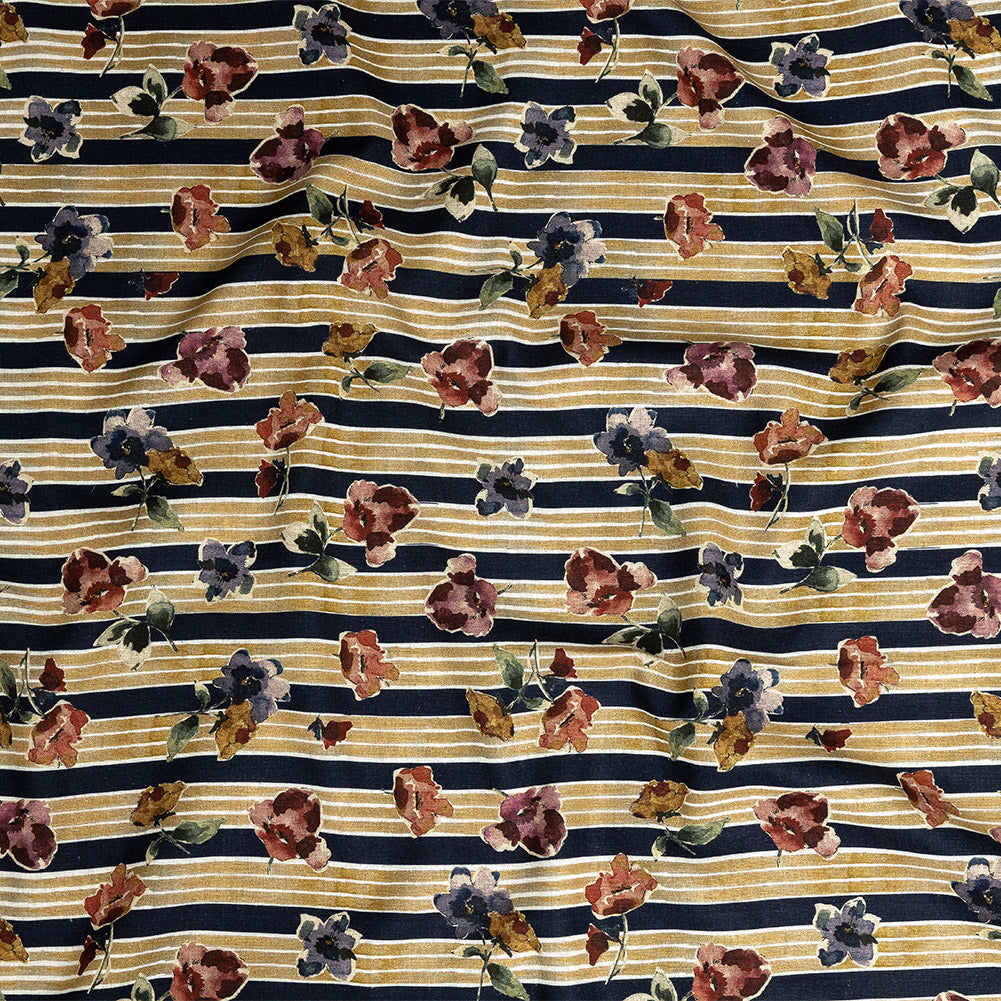 Linen and Rayon Woven - Yellow and Navy Floral over Stripes - Harmonious Hibiscus Print - Mood Exclusive Tumunyana Collection